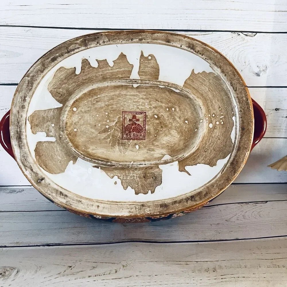 Vintage Oval Handled Imari Style Jardiniere Decorative Interior Fish & Lotus 13”
